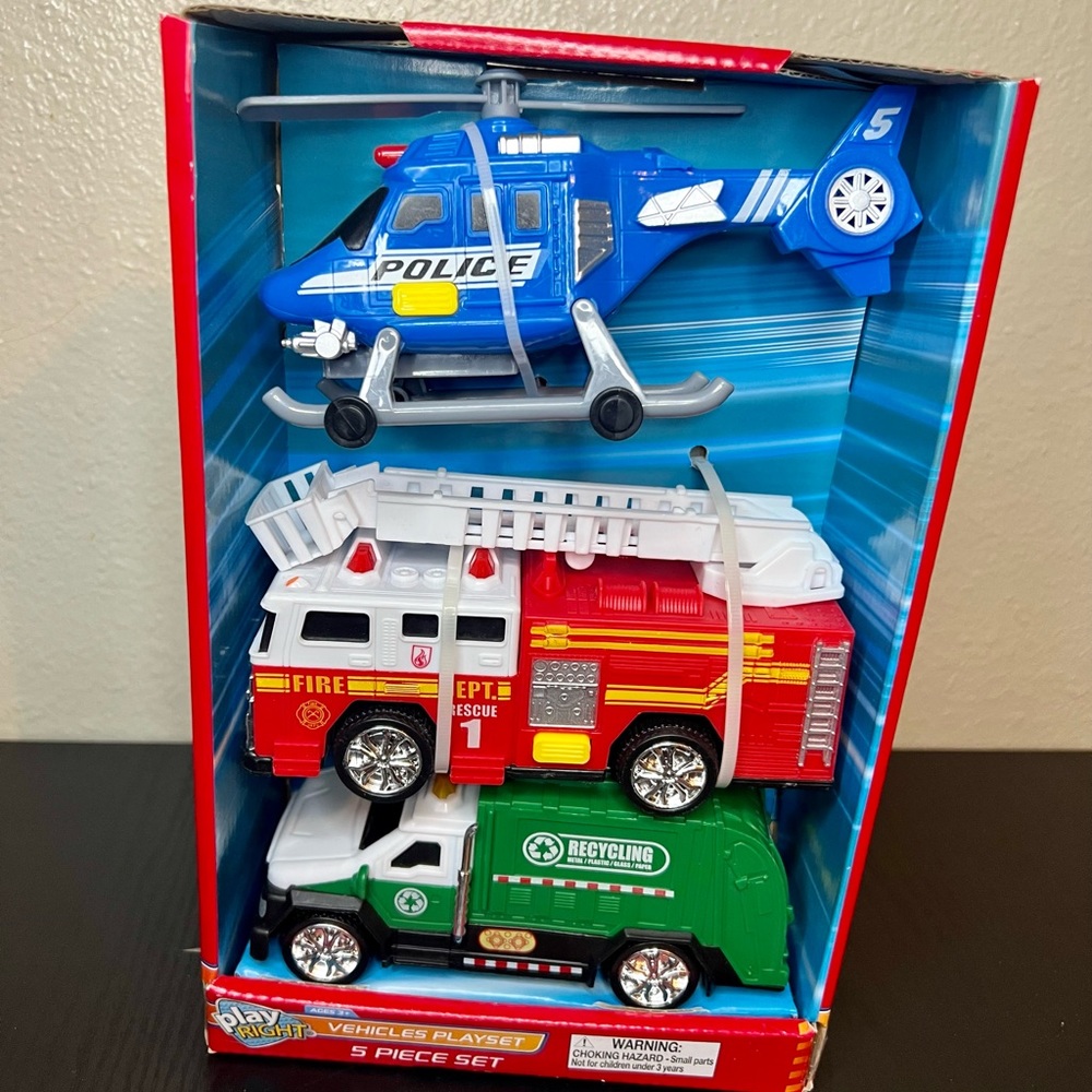 Kids 3 Vehicle Playset Police Helicopter Garbage Truck Fire Truck